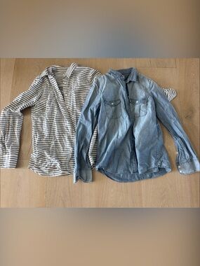 J. Crew Women's Light Blue Chambray Shirt with White and Navy Striped Button Top